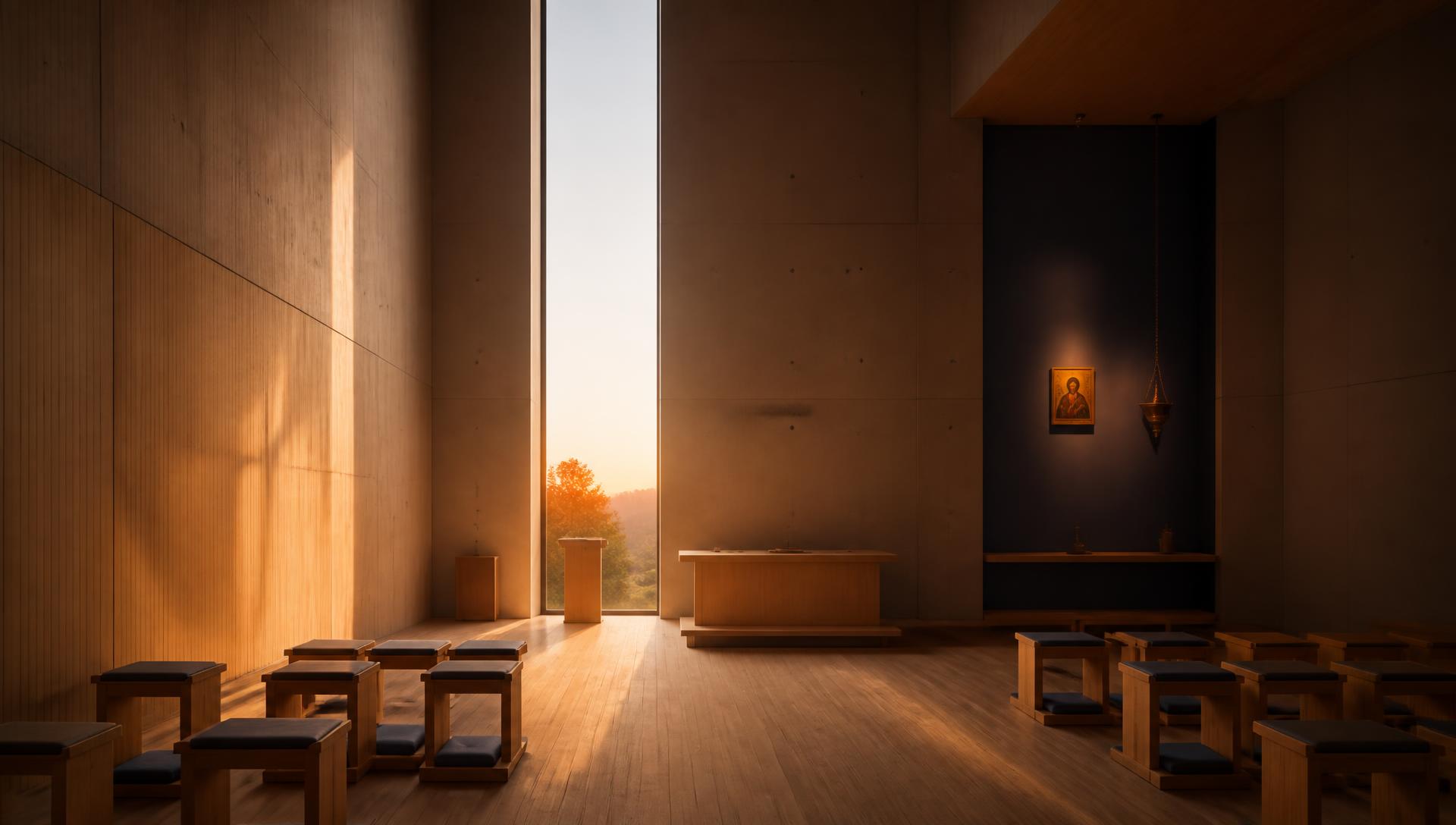 Dawn light falling through a chapel window onto a prayer stool